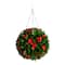 15in. UV Resistant Artificial Red Tip Photinia Christmas Hanging Ball with Gold Berries (Indoor/Outdoor)